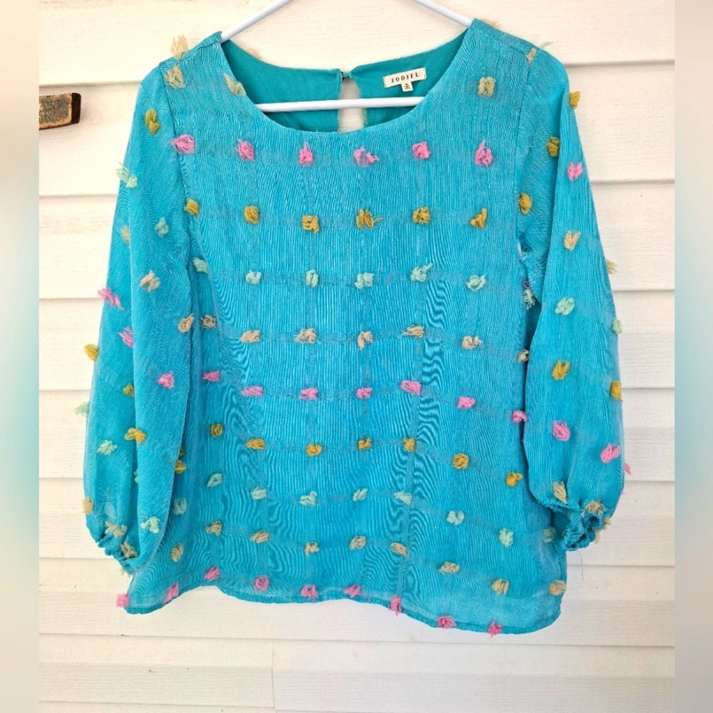 JODIFL Swiss Dot Poms Feminine Blouse Size Medium Sheer Lined